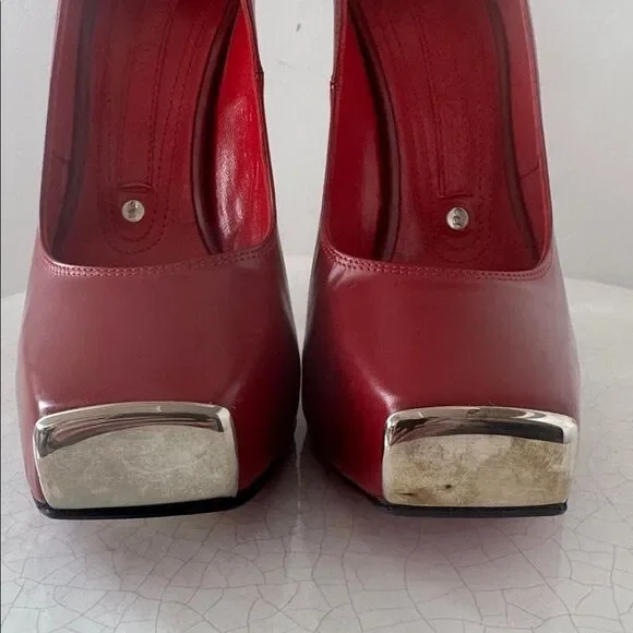 Gianmarco Lorenzi Bold Leather Red Heels Platform Square Toe Red Outsole Size 36 - Picture 4 of 14